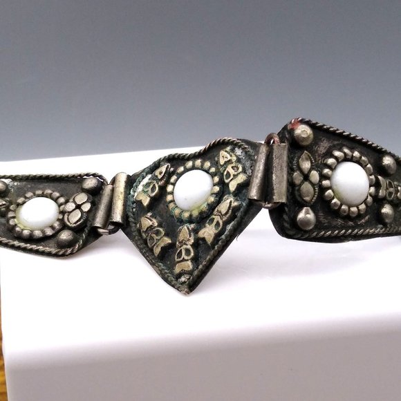 Primitive Silver Etruscan Style Bracelet with Vintage Milk Glass Cabochons - Picture 5 of 6